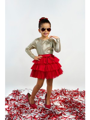 Duca Işıltılı Uzun Kollu Çıtçıtlı Zıbın Body ve Kat Kat Tül Etek Takım