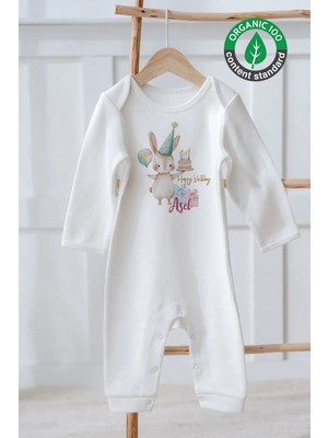 Lilabio %100 Pamuk Isme Özel Isimli Doğum Günü Bebek Tulum Tavşan