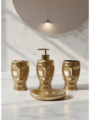 UltraMint Gold Yüz Figürlü 4'lü Porselen Banyo Seti, Şık ve Modern Tasarım
