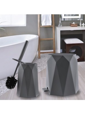 UltraMint Geo Antrasit Banyo Seti 2'li, Plastik 5 Lt Çöp Kovası ve Tuvalet Fırçası