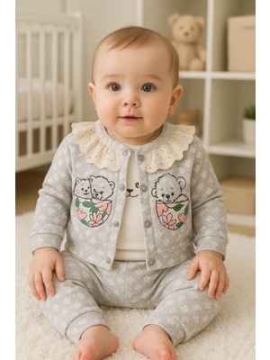 Hazego Brode Işlemeli Kalp Desenli 3'lü Hırkalı Kız Bebek Takım