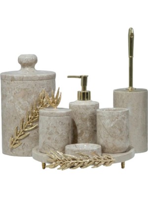 UltraMint Şık Bej Mermer ve Altın Zeytin Dalı Detaylı 7'li Banyo Seti