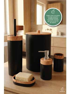 UltraMint Ahşap Desenli 5'li Banyo Seti: Çöp Kovası, Sıvı Sabunluk, Diş Fırçalık, Sabunluk