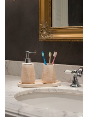 UltraMint Şık Mermer Dokulu 3 Parça Banyo Seti: Sıvı Sabunluk, Fırçalık ve Oval Tepsi