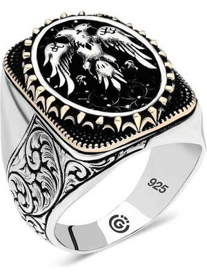 Fumeyabi Gümüş Çift Başlı Kartal Oval Erkek Yüzük