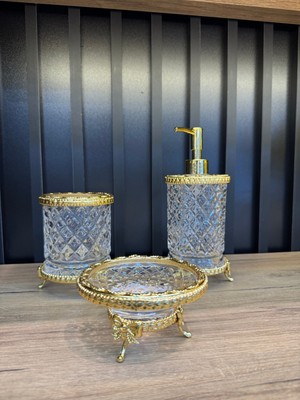 UltraMint El Yapımı Metal Süslemeli Cam Kafe Seti 3'lü Banyo Takımı