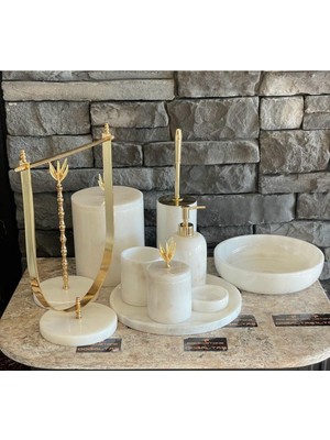 UltraMint Beyaz Doğal Mermer Zeytin Dalı Aksesuarlı 10'lu Banyo Seti