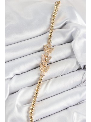 Pirinç Zirkon Taşlı Kelebek Model Gold Renk Kadın Bileklik - Lisinya