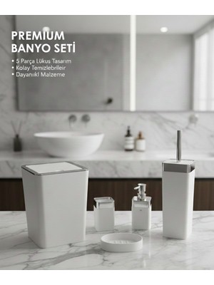 UltraMint Modern Kare Formlu Mat Banyo Seti, 5'li Çöp Kovası ve Fırça Takımı