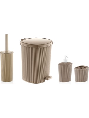 UltraMint Çizgili Plastik 4 Parça Banyo Seti Iç Kovalı Kum Beji