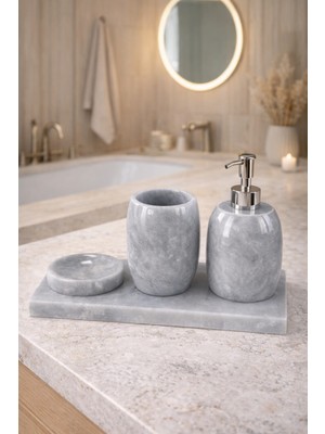 UltraMint Gri Mermer 4'lü Banyo Seti, Şık ve Kullanışlı Tasarım ile Modern Görünüm