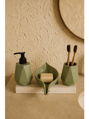 UltraMint Yeşil Renkli 3 Parça Geometrik Desenli Banyo Seti