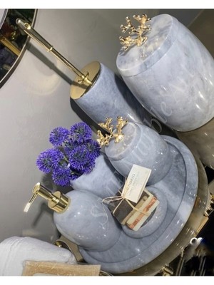 UltraMint Gri Mermer Banyo Seti, Gold Detaylı, 7 Parça, Şık ve Modern Tasarım