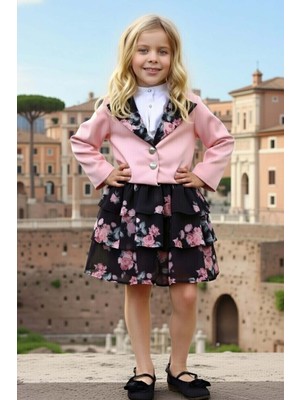 Riccotarz Kız Çocuk Kısa Kollu Yakası Fırfır Gömlek Pembe Blazer Ceket Çiçek Desen Atlas Kumaş Etekli Takım
