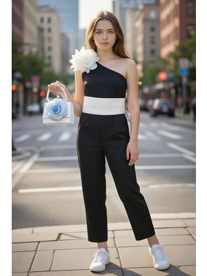 Riccotarz Kız Çocuk Beli Şerit ve Omuzunda Broş Detaylı Tek Omuz Siyah Tulum