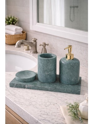 UltraMint Yeşil Mermer Tasarımlı 4'lü Şık Banyo Seti