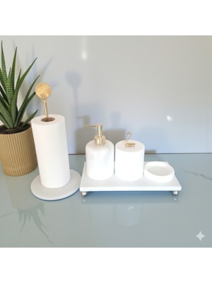 UltraMint Doğal Beyaz Mermer Banyo ve Lavabo Düzenleyici 5'li Set, Gold Aksesuar ile