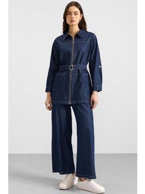Olcay Fermuar Kapamalı Bol Paça Denim Ikili Takım Koyu Mavi 9392-TK