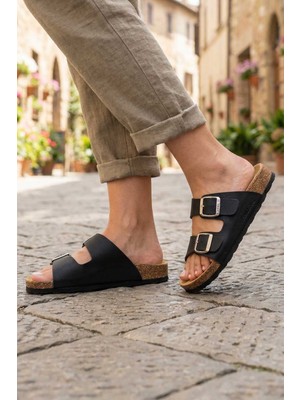 Paleng Gezer Paleng Yazlık Kadın Iç Taban  Deri Çift Toka Ayarlanabilir Mantar Taban Günlük Terlik