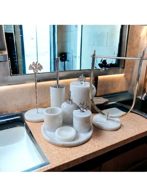 UltraMint Beyaz 9’lu Mermer Banyo Seti, Şık ve Zarif Dekorasyon Parçası