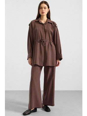 Olcay Apolet ve Büzgü Detaylı Soft Kumaş Ceket Pantolon Takım Kahve 9399-TK