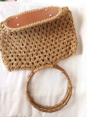 Lal Dizayn El Yapımı Örgü Kağıt Ip Ahşap Askı Omuz Çantası