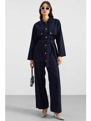 Olcay Pelerin ve Metal Düğmeli Ceket Pantolon Denim Ikili Takım Lacivert 9393-TK