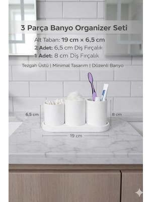 UltraMint 3’lü Banyo Organizer Seti, Diş Fırçalık ve Pamukluk, Minimal Düzenleyici