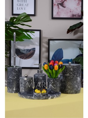 UltraMint Şık Koyu Gri Bursa Siyahı Mermer ve Gümüş Top Detaylı 7'li Banyo Seti