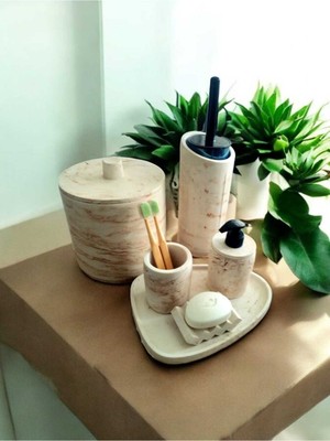 UltraMint Bej Mermer Desenli Tam Beton Banyo Seti - Tuvalet Fırçası, Çöp Kovası, Sabunluk, Tepsi