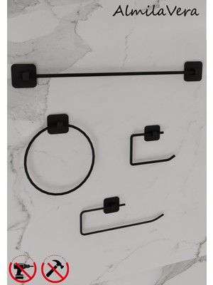 UltraMint Siyah Kare Uzun Havluluk ve Tuvalet Kağıtlık Seti, 4'lü Banyo Aksesuarları