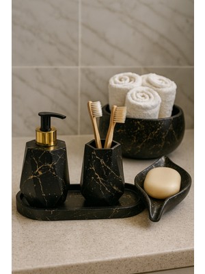 UltraMint Şık Mermer Desenli 5 Parça Banyo Seti, Sabunluk, Diş Fırçalık ve Havluluk