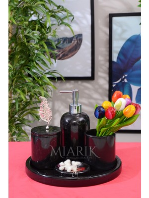 UltraMint Şık Mermer Yaprak Detaylı 5'li Banyo Seti Takımı