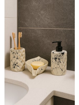 UltraMint 3'lü Mermer Desenli Dekoratif Banyo Seti, Sabunluk ve Diş Fırçalık