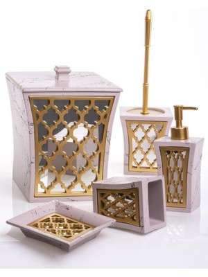 UltraMint 5'li Pembe Altın Mermer Desenli Polyester Banyo Seti