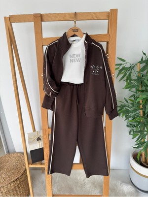 Miniğimin Cicileri Kol Fiyonk Taş Detaylı Fermuarlı Hırkalı 2 Li Takım - Acı Kahve