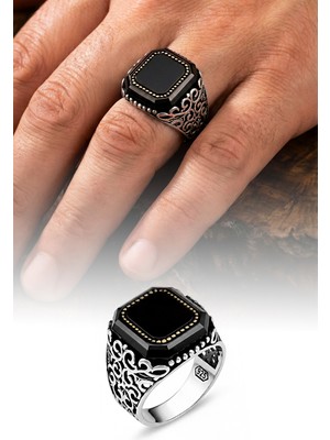 Silvera Telkari 925 Ayar Gümüş Oniks Taşlı Işlemeli Otantik Erkek Yüzük ST406