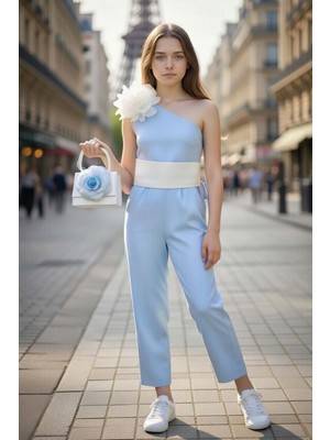 Riccotarz Kız Çocuk Beli Şerit ve Omuzunda Broş Detaylı Tek Omuz Mavi Tulum