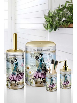 UltraMint 4 Parça Metal Banyo Seti, Vintage Gazete Desenli, Click Kapaklı, Şık Tasarım