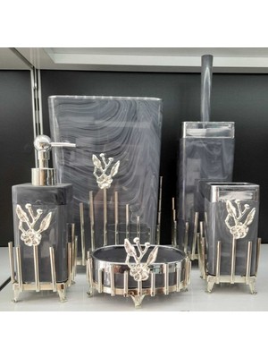 UltraMint Mermer Desenli Banyo Seti Gümüş Çubuk ve Japon Güllü Tasarım