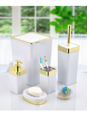 UltraMint Şık Beyaz Gold Kare Banyo Seti, Zarif ve Kullanışlı Tasarım