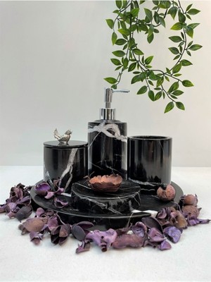 UltraMint Şık Siyah Mermer ve Gümüş Kuş Detaylı 5'li Banyo Seti