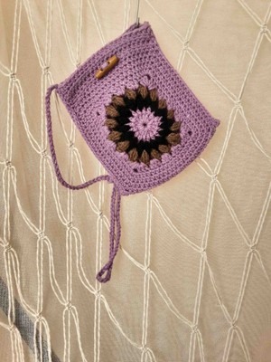 Lal Dizayn El Örgüsü Motifli Telefon Çantası / El Yapımı Motif Küçük Boy Mor Çanta