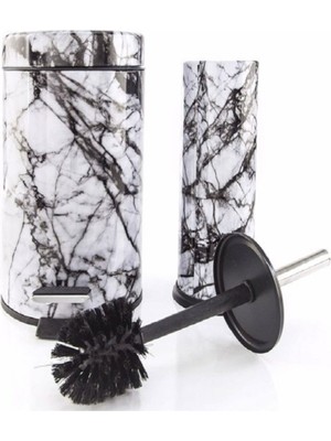 UltraMint Beyaz Mermer Desenli 2'li Banyo Seti: Çöp Kovası ve Tuvalet Fırçası