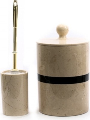 UltraMint Şık Bej Mermer Çöp Kovası ve Wc Fırçası Seti, Gold Detaylı