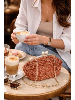 Lal Dizayn El Yapımı Örgü Metalik Kağıt Ip Burslu Omuz Çantası