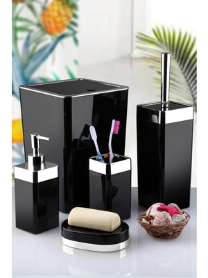 UltraMint 5 Parça Akrilik Gümüş Çizgi Banyo Takımı Kare Siyah