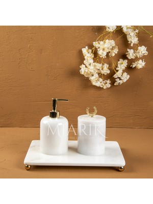 UltraMint Beyaz Mermer Dekoratif 3'lü Banyo Seti Aksesuarları