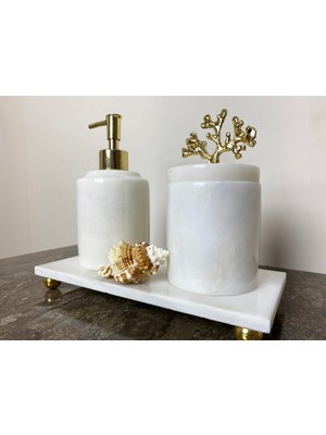 UltraMint Şık Doğal Mermer 3'lü Banyo Seti, Zarif Gold Detaylar