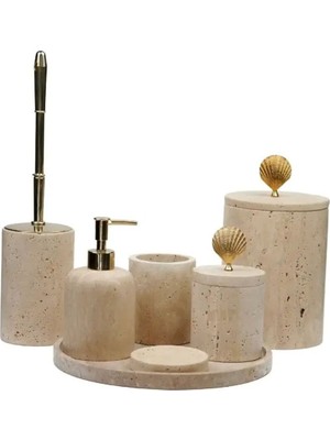 UltraMint Şık ve Detaylı Traverten Mermer Banyo Seti 7'li Pirinç Aksesuarlar